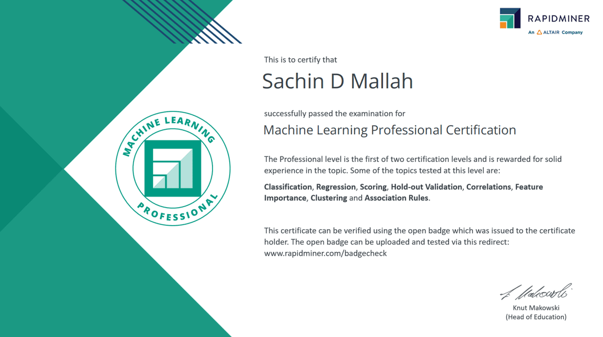 Machine Learning Professional Certification certificate